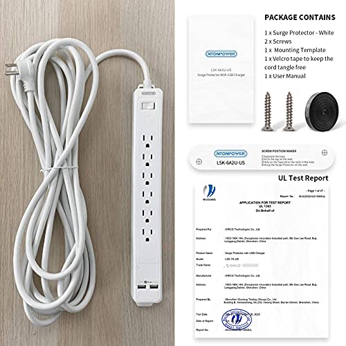 Extension Cord 25 ft, NTONPOWER Long Surge Protector, 15A Heavy Duty Extension Cord, Wall Mount, 7 Outlets Power Strip Flat Plug for Kitchen Home Office Workbench, White, 1080 J