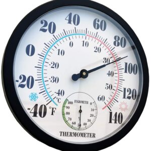 Indoor Outdoor Thermometer Large Wall Thermometer-Hygrometer Waterproof Does not Require Battery (Black)