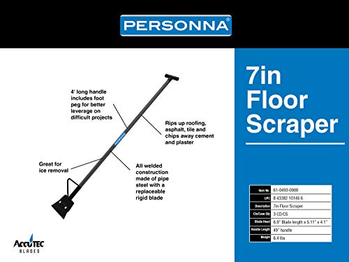 Personna 7" Steel Floor Scraper with 4' Handle and Foot Kick - Replaceable Steel Blade and Heavy-Duty Welded Construction - 61-0493