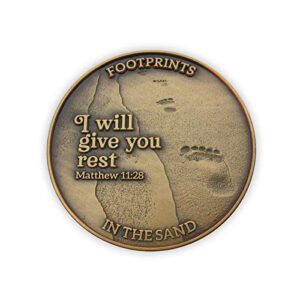 footprints in the sand coin, resting and peace, antique gold plated christian challenge coin. during your times of trial and suffering, i carried you. i will give you rest, matthew 11:28 gift