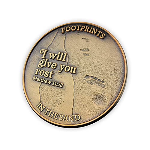 Footprints in The Sand Coin, Resting and Peace, Antique Gold Plated Christian Challenge Coin. During Your Times of Trial and Suffering, I Carried You. I Will Give You Rest, Matthew 11:28 Gift