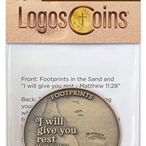 Footprints in The Sand Coin, Resting and Peace, Antique Gold Plated Christian Challenge Coin. During Your Times of Trial and Suffering, I Carried You. I Will Give You Rest, Matthew 11:28 Gift