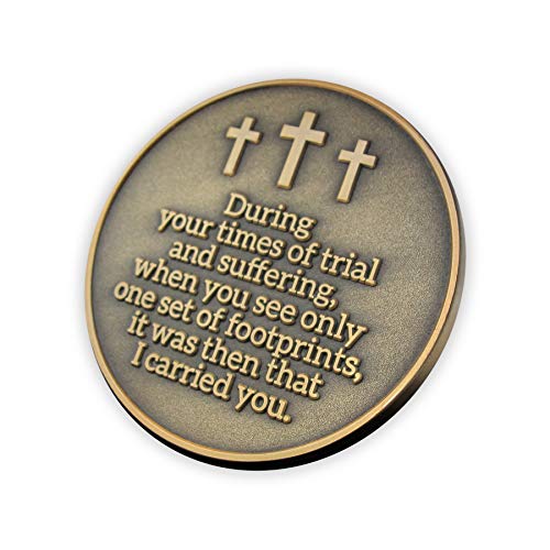 Footprints in The Sand Coin, Resting and Peace, Antique Gold Plated Christian Challenge Coin. During Your Times of Trial and Suffering, I Carried You. I Will Give You Rest, Matthew 11:28 Gift