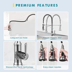 Kitchen Faucet with Pull Down Sprayer Spring Brushed Nickel Commercial Single Handle Gooseneck Stainless Steel Pull Out Kitchen Sink Faucet Wasserrhythm