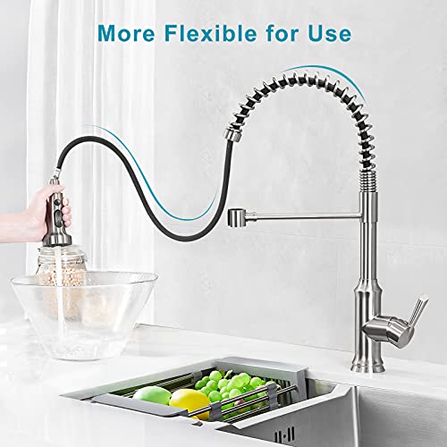 Kitchen Faucet with Pull Down Sprayer Spring Brushed Nickel Commercial Single Handle Gooseneck Stainless Steel Pull Out Kitchen Sink Faucet Wasserrhythm