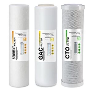 ispring f3us standard reverse osmosis ro systems 6-month prefilter replacement supply cartridge pack set, 3 filters w/sediment, cto and gac, 10" x 2.5", fits ph100, ro100, made in usa