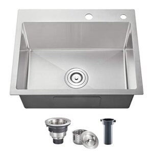 ROVOGO 24 x 18 inches Drop-in Kitchen Sink Single Bowl with 2 Holes, 304 Stainless Steel Handmade Residential Sink Brushed