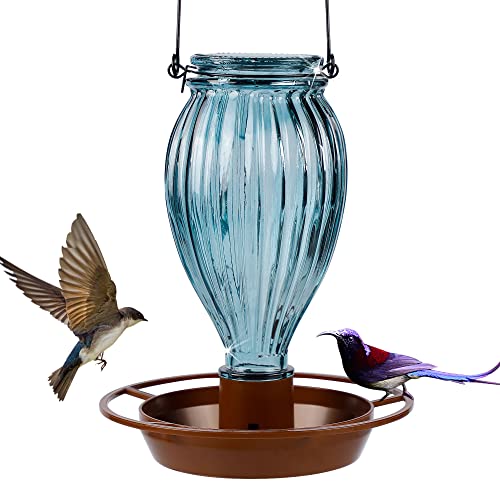 Juegoal Glass Wild Bird Waterer, 37 oz Wild Bird Feeder for Outdoors, Diamond Shaped Water Cooler with Metal Handle Hanging for Garden Tree Yard Outside Decoration, Gray-Blue