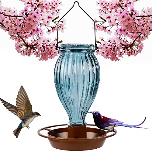 Juegoal Glass Wild Bird Waterer, 37 oz Wild Bird Feeder for Outdoors, Diamond Shaped Water Cooler with Metal Handle Hanging for Garden Tree Yard Outside Decoration, Gray-Blue