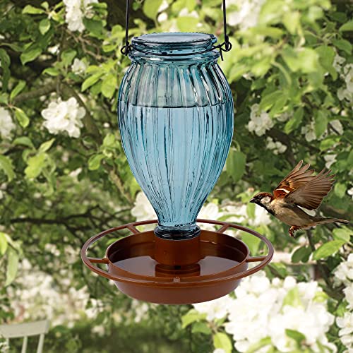 Juegoal Glass Wild Bird Waterer, 37 oz Wild Bird Feeder for Outdoors, Diamond Shaped Water Cooler with Metal Handle Hanging for Garden Tree Yard Outside Decoration, Gray-Blue