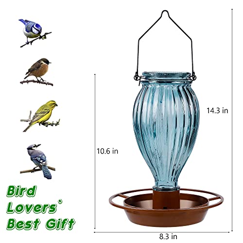Juegoal Glass Wild Bird Waterer, 37 oz Wild Bird Feeder for Outdoors, Diamond Shaped Water Cooler with Metal Handle Hanging for Garden Tree Yard Outside Decoration, Gray-Blue