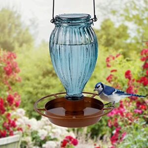 Juegoal Glass Wild Bird Waterer, 37 oz Wild Bird Feeder for Outdoors, Diamond Shaped Water Cooler with Metal Handle Hanging for Garden Tree Yard Outside Decoration, Gray-Blue