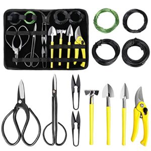 mosfiata bonsai tools set 13 pcs high carbon steel succulent gardening trimming tools set include pruning shears, scissors, mini rake, round and pointed shovel &training wire in pu leather bag
