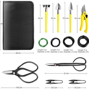 MOSFiATA Bonsai Tools Set 13 Pcs High Carbon Steel Succulent Gardening Trimming Tools Set Include Pruning Shears, Scissors, Mini Rake, Round and Pointed Shovel &Training Wire in PU Leather Bag