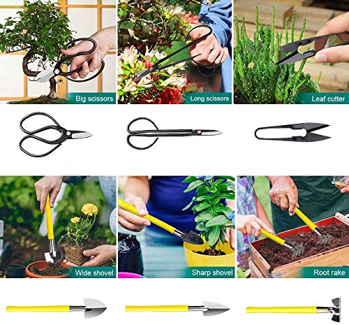 MOSFiATA Bonsai Tools Set 13 Pcs High Carbon Steel Succulent Gardening Trimming Tools Set Include Pruning Shears, Scissors, Mini Rake, Round and Pointed Shovel &Training Wire in PU Leather Bag