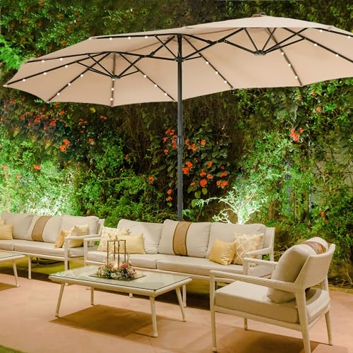 Sophia & William 15ft Patio Umbrella with Lights (Base Included), Extra Large Outdoor Double-sided Umbrella, Beige