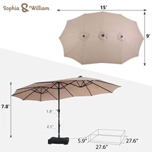 Sophia & William 15ft Patio Umbrella with Lights (Base Included), Extra Large Outdoor Double-sided Umbrella, Beige