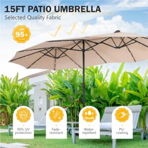 Sophia & William 15ft Patio Umbrella with Lights (Base Included), Extra Large Outdoor Double-sided Umbrella, Beige