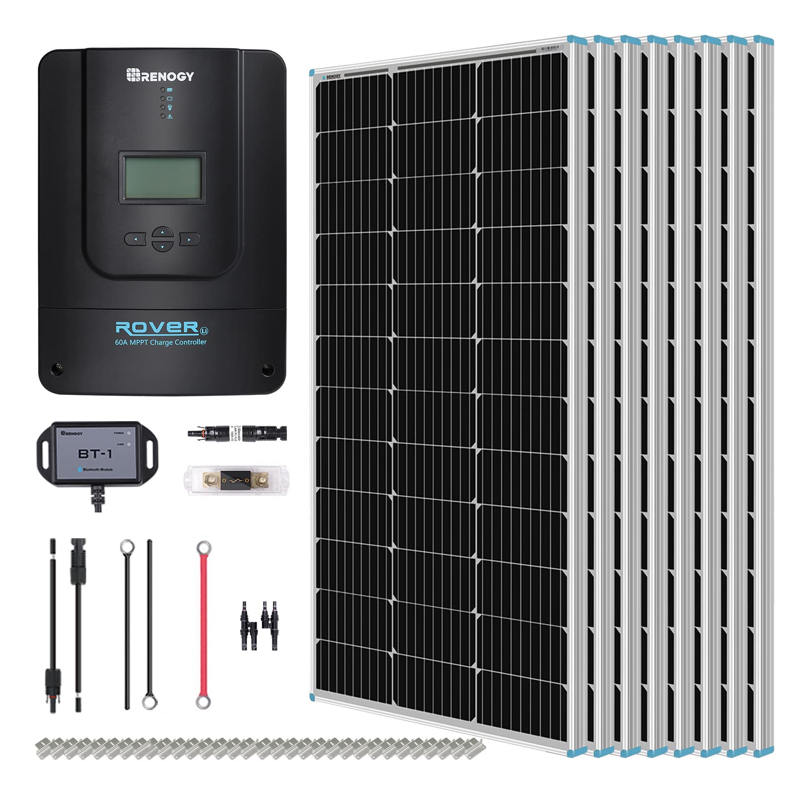 Renogy 800 Watt 12V Monocrystalline Solar Premium Kit Off Grid System 8pcs 100W Solar Panel with 60A MPPT Rover Charger Controller, Bluetooth Module for RV, Boats, Home, Farm