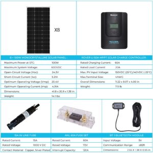 Renogy 800 Watt 12V Monocrystalline Solar Premium Kit Off Grid System 8pcs 100W Solar Panel with 60A MPPT Rover Charger Controller, Bluetooth Module for RV, Boats, Home, Farm