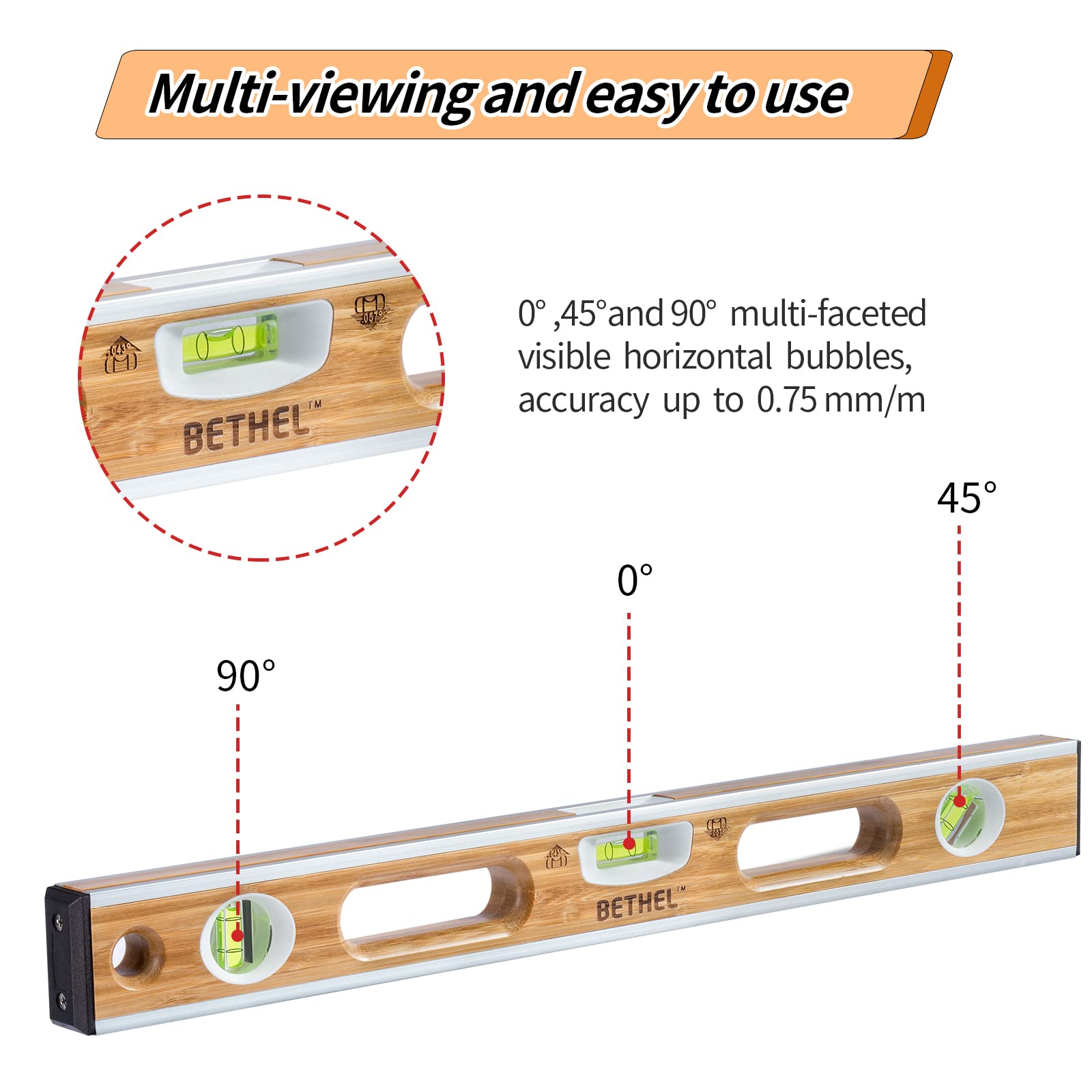 Bamboo Level, 24 Inch Level & Tool Solid Block Acrylic Vials, Resists Mortar Adhesion, for Masonry Application and General Leveling (Light)