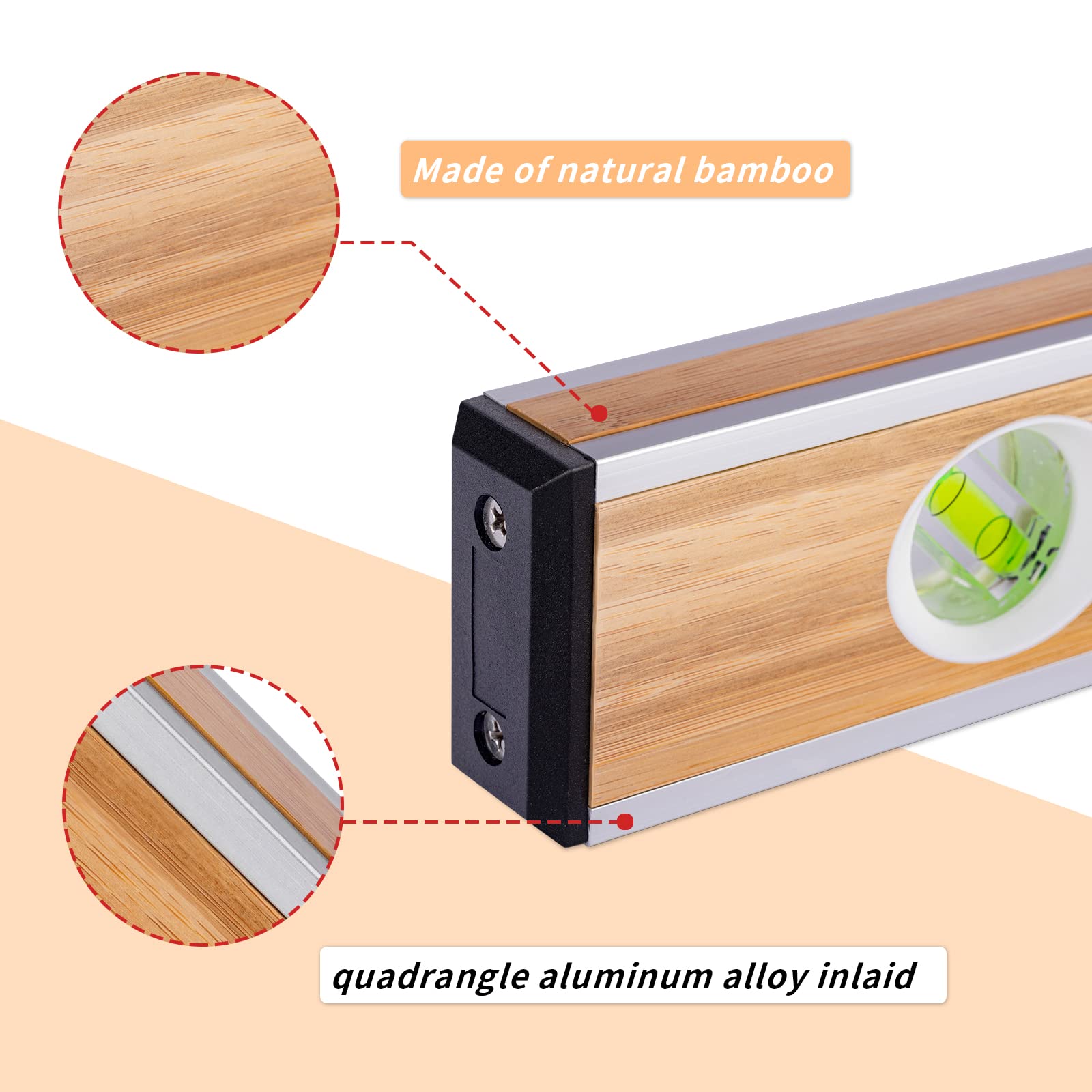 Bamboo Level, 24 Inch Level & Tool Solid Block Acrylic Vials, Resists Mortar Adhesion, for Masonry Application and General Leveling (Light)