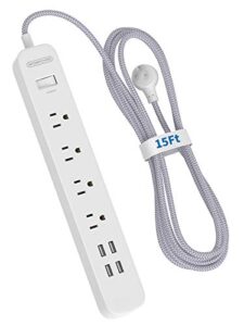 15ft braided power strip surge protector with usb ports, ntonpower flat plug power strip with long extension cord, 4 outlet 4 usb desktop charging station, 1700 joule, circuit breaker, for home office