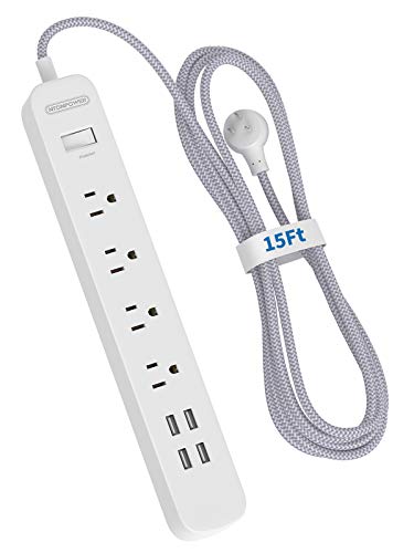 15ft Braided Power Strip Surge Protector with USB Ports, NTONPOWER Flat Plug Power Strip with Long Extension Cord, 4 Outlet 4 USB Desktop Charging Station, 1700 Joule, Circuit Breaker, for Home Office