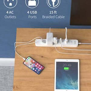 15ft Braided Power Strip Surge Protector with USB Ports, NTONPOWER Flat Plug Power Strip with Long Extension Cord, 4 Outlet 4 USB Desktop Charging Station, 1700 Joule, Circuit Breaker, for Home Office