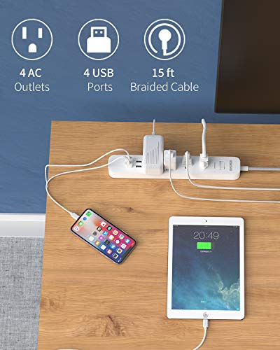 15ft Braided Power Strip Surge Protector with USB Ports, NTONPOWER Flat Plug Power Strip with Long Extension Cord, 4 Outlet 4 USB Desktop Charging Station, 1700 Joule, Circuit Breaker, for Home Office