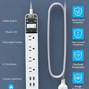 15ft Braided Power Strip Surge Protector with USB Ports, NTONPOWER Flat Plug Power Strip with Long Extension Cord, 4 Outlet 4 USB Desktop Charging Station, 1700 Joule, Circuit Breaker, for Home Office