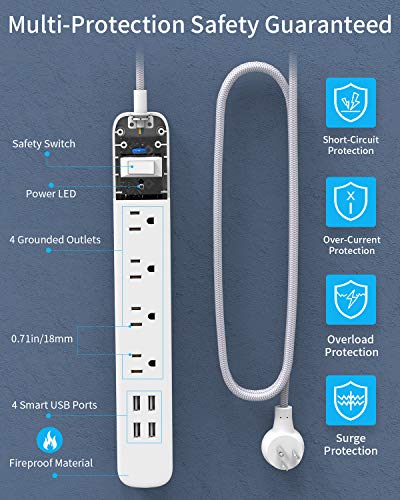 15ft Braided Power Strip Surge Protector with USB Ports, NTONPOWER Flat Plug Power Strip with Long Extension Cord, 4 Outlet 4 USB Desktop Charging Station, 1700 Joule, Circuit Breaker, for Home Office