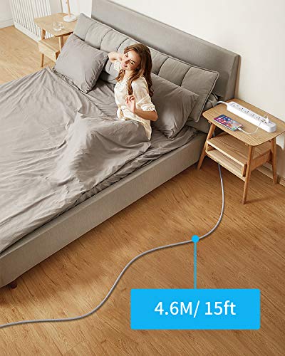 15ft Braided Power Strip Surge Protector with USB Ports, NTONPOWER Flat Plug Power Strip with Long Extension Cord, 4 Outlet 4 USB Desktop Charging Station, 1700 Joule, Circuit Breaker, for Home Office