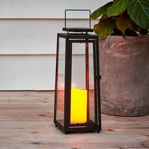 outdoor solar lantern with flameless candle - 15 inch tall, black metal & glass, dusk to dawn, decorative waterproof patio decor - battery included