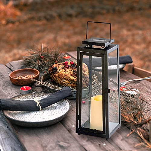 Outdoor Solar Lantern with Flameless Candle - 15 Inch Tall, Black Metal & Glass, Dusk to Dawn, Decorative Waterproof Patio Decor - Battery Included