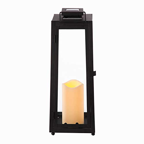 Outdoor Solar Lantern with Flameless Candle - 15 Inch Tall, Black Metal & Glass, Dusk to Dawn, Decorative Waterproof Patio Decor - Battery Included