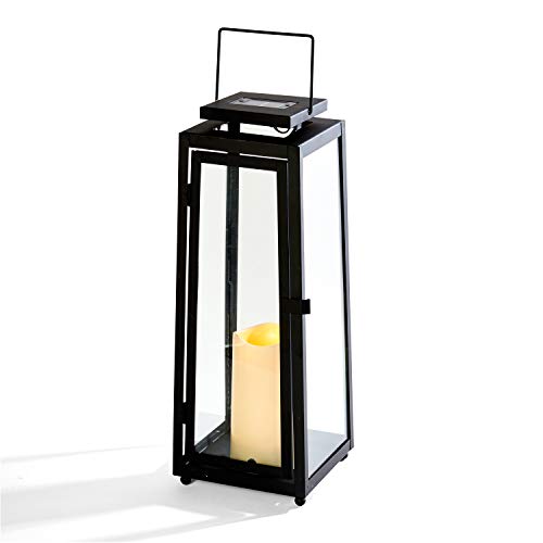 Outdoor Solar Lantern with Flameless Candle - 15 Inch Tall, Black Metal & Glass, Dusk to Dawn, Decorative Waterproof Patio Decor - Battery Included