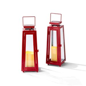 red outdoor solar lanterns - 11 inch, set of 2, metal & glass, waterproof flameless pillar candle, dusk to dawn timer, flickering led light, rustic vintage patio