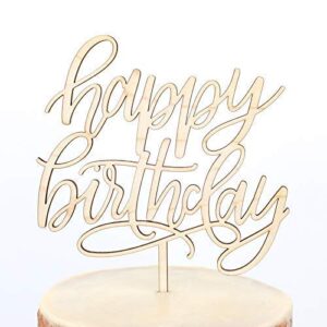 happy birthday script cake topper in maple wood