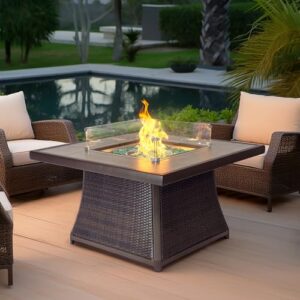 kinger home elio rattan 42-inch outdoor patio propane gas fire pit table with tile tabletop, csa certified 50,000 btu firepit, brown aluminum frame