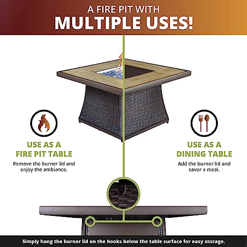 Kinger Home Elio Rattan 42-Inch Outdoor Patio Propane Gas Fire Pit Table with Tile Tabletop, CSA Certified 50,000 BTU Firepit, Brown Aluminum Frame
