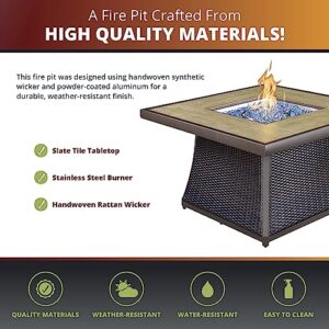 Kinger Home Elio Rattan 42-Inch Outdoor Patio Propane Gas Fire Pit Table with Tile Tabletop, CSA Certified 50,000 BTU Firepit, Brown Aluminum Frame