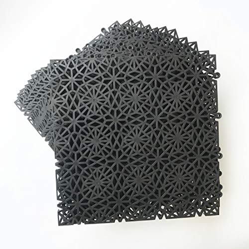 smabee 12 Pack Interlocking PVC Non-Slip Tile Drainage Mat 11.75" x 11.75" for Drain Pool Kitchen Deck Patio Boat Snowflake Shape (Black)