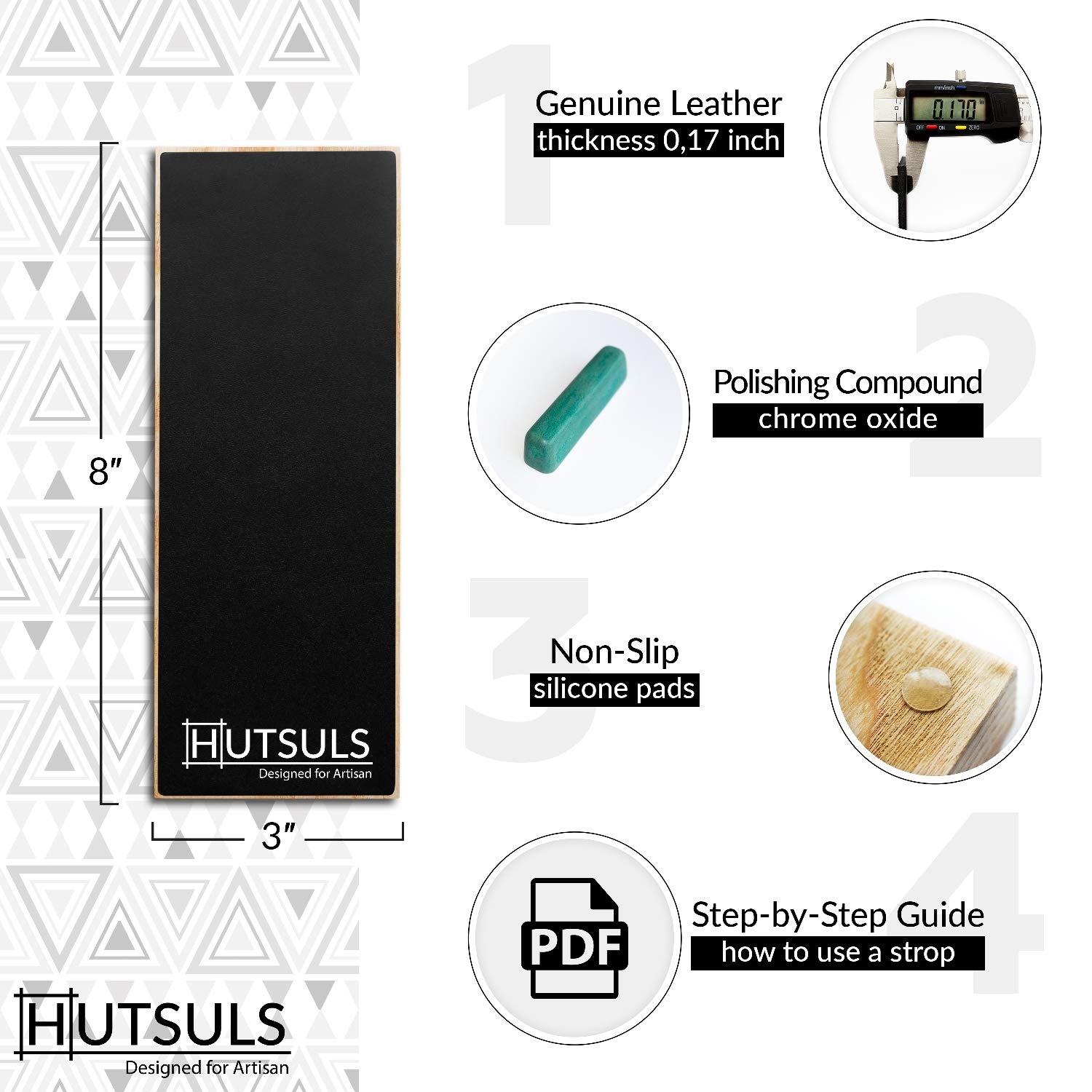 Hutsuls Leather Strop Block with Compound - Get Razor-Sharp Edges with Knife Strop Kit, Easy to Use Quality Non-Slip Leather Stropping Block & Leather Honing Strop Step-by-Step Guide Included