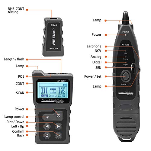 KOLSOL Network Cable Tester, Ethernet Wire Tracer with NCV & Lamp for CAT5 CAT6, PoE Tester Detect Voltage Measure Fault Distance by TDR NF-8209