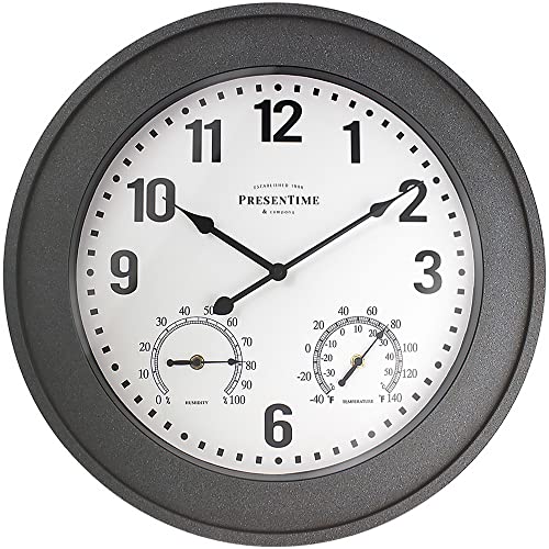 Presentime & Co. 20" Bradford in/Outdoor Farmhouse Clock with Weather Thermometer & Hygrometer, Weather Station, Farmhouse Wall Art and Timepiece for Farmhouse Decoration, Faux Gray Stone Finish