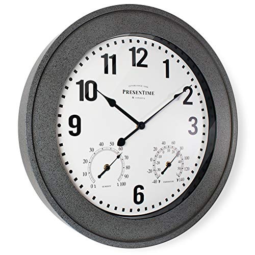 Presentime & Co. 20" Bradford in/Outdoor Farmhouse Clock with Weather Thermometer & Hygrometer, Weather Station, Farmhouse Wall Art and Timepiece for Farmhouse Decoration, Faux Gray Stone Finish
