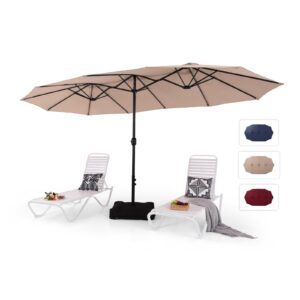 mfstudio 15ft double sided patio umbrella with base included, outdoor large rectangular market umbrellas with crank handle for deck pool shade, beige