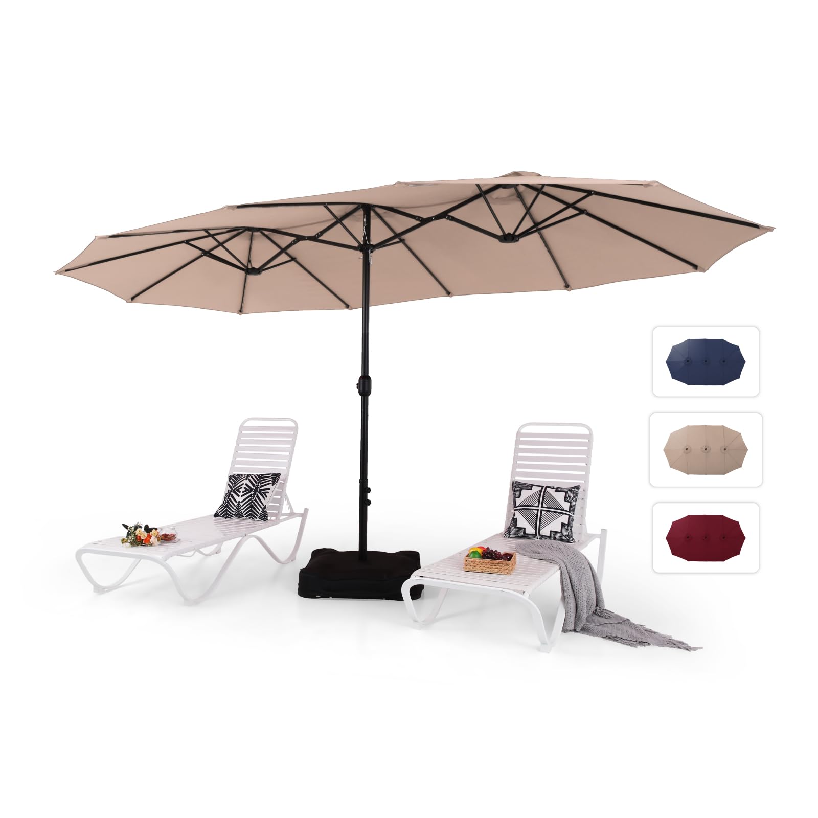 MFSTUDIO 15ft Double Sided Patio Umbrella with Base Included, Outdoor Large Rectangular Market Umbrellas with Crank Handle for Deck Pool Shade, Beige