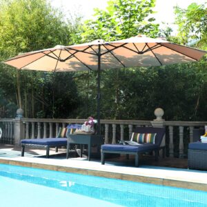 MFSTUDIO 15ft Double Sided Patio Umbrella with Base Included, Outdoor Large Rectangular Market Umbrellas with Crank Handle for Deck Pool Shade, Beige